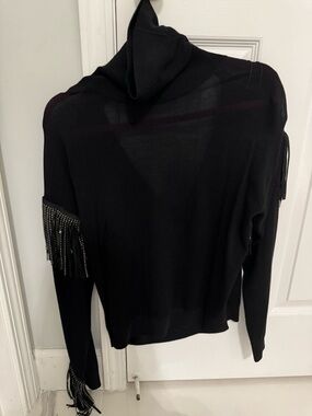 Pinko Black Long-Sleeve Turtleneck Sweater with Fringe Detailing